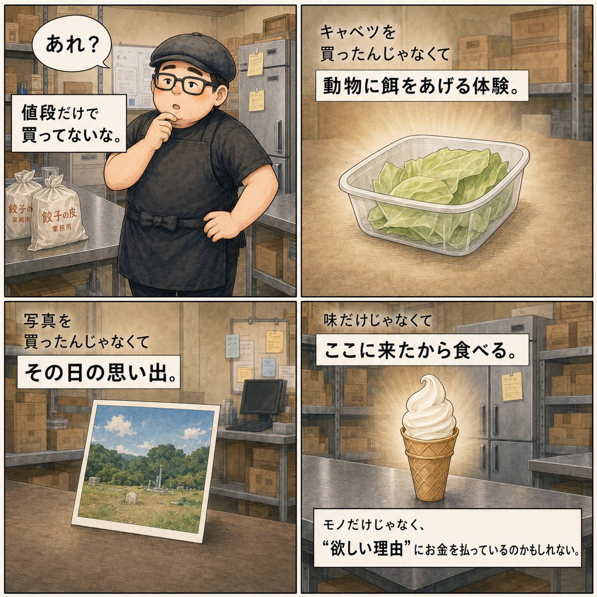 irodorigyoza's tweet photo. 100円でも買わないもの1000円でも買うもの。

動物園のキャベツ
旅行先の写真
ご当地ソフト

買っているのは商品だけじゃない。

体験や思い出「ここで買う理由」込み。

餃子も同じ。いくらなら売れる？より何だったら欲しくなる？を考える。
そこまでが商売なのかも🥟 https://t.co/U2l712kpyw