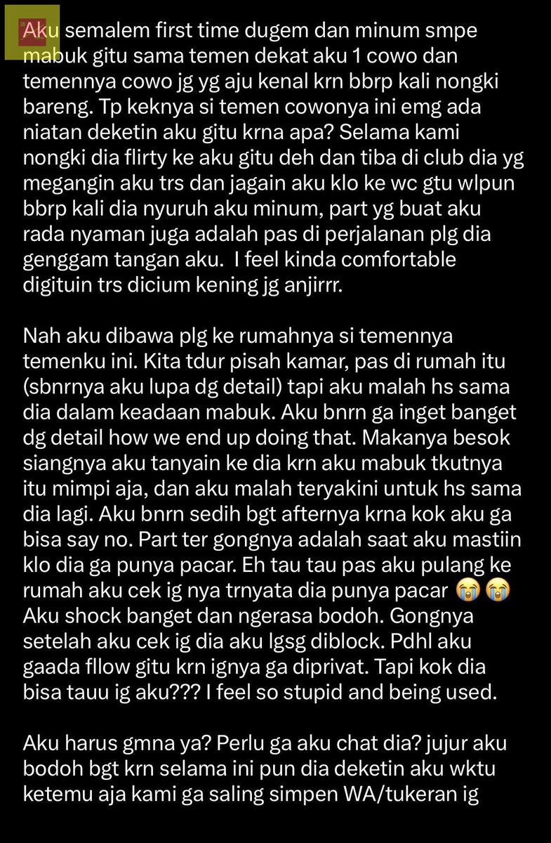 18fesss's tweet photo. Aku harus gmna ya? Perlu ga aku chat dia? jujur aku bodoh bgt krn selama ini pun dia deketin aku wktu ketemu aja kami ga saling simpen WA/tukeran ig 18! https://t.co/yPWRxU5OTH