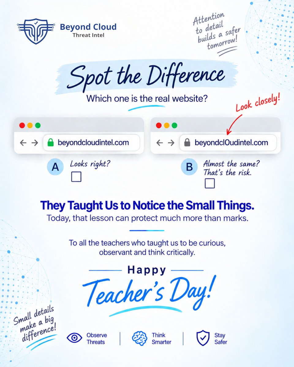 seo_beyondcloud's tweet photo. A single character can make a big difference online.

The habit of observing, questioning and looking closely often begins in the classroom. 💙

Here’s to the teachers who taught us to notice the small things.

Happy Teacher's Day!
...
#TeachersDay #CyberSecurity #BeyondCloud https://t.co/s6MEd5ckVC