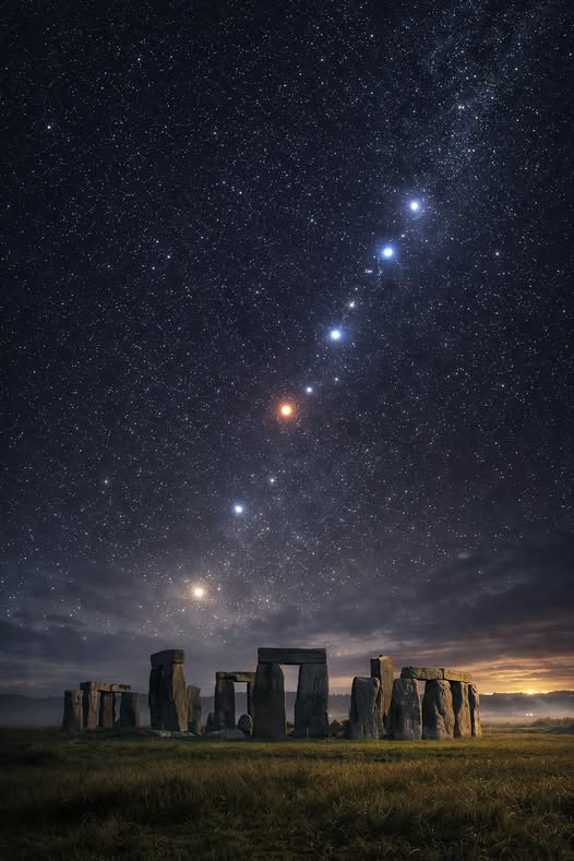 NightSkyToday's tweet photo. Planetary Parade Over Stonehenge🌌✨ https://t.co/B0ocnwxv0v