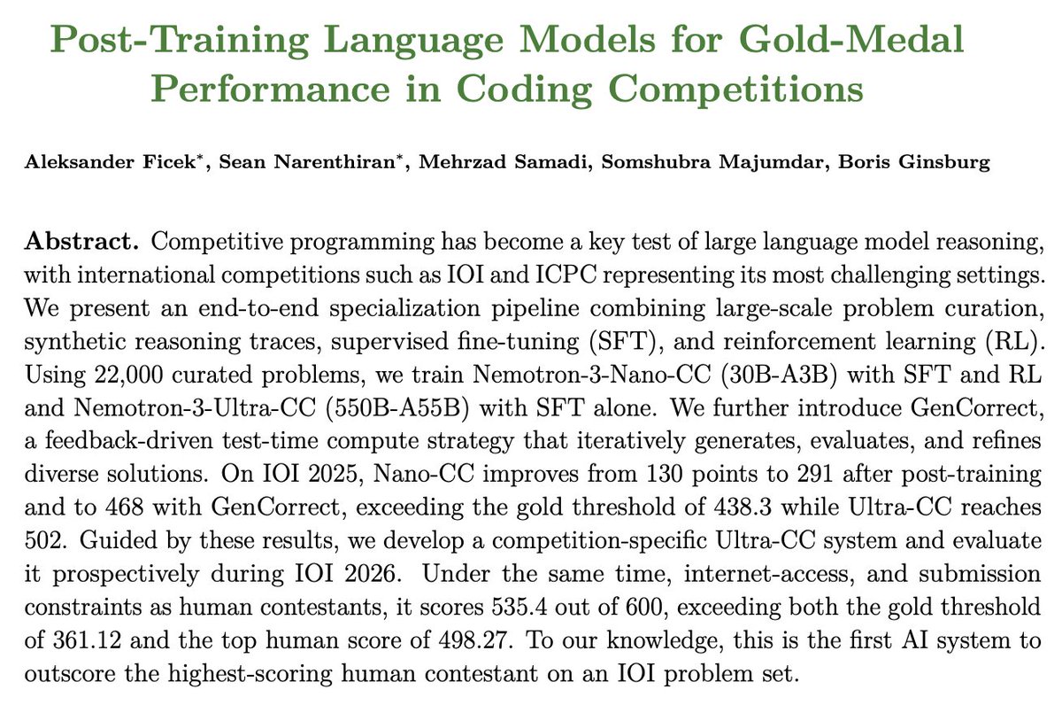 AlekFicek's tweet photo. Really excited to announce that at IOI 2026, our model surpassed gold and for the first time on an IOI problem set, the highest human score!

Special thanks to the IOI Technical Committee for helping us run our benchmark and making our team feel welcome. More details below! 👇 https://t.co/1EpVjJFQ9s