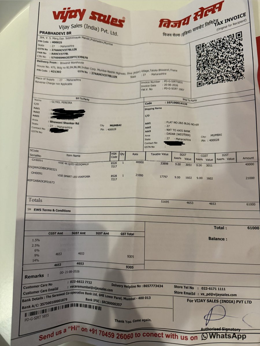 GlyrilP's tweet photo. @VSSupport_ @VijaySales Recently purchased 2 TVs. 40 inch TV has stopped working. Technician visited on 29th Aug and cited motherboard issue. Till now, no Tv and no resolution. Please advise if I should return the TV to your Prabhadevi outlet. Thanks https://t.co/1K8MK5Ryo4