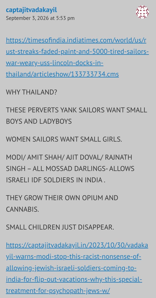 Bunga47301516's tweet photo. Why Thailand??

P€rvert Y@nk soldiers want small 🧒🏻 &amp; lady🧒🏻.
Women soldiers want small 👧.

@netanyahu @KnessetIL @IsraelinIndia @indemtel @royalnews_org @implmaterial @prdthailand @ThailandinIndia @IndiainThailand @narendramodi @AmitShah @rajnathsingh @PMOIndia @DefMinIndia https://t.co/43XioRtS9S
