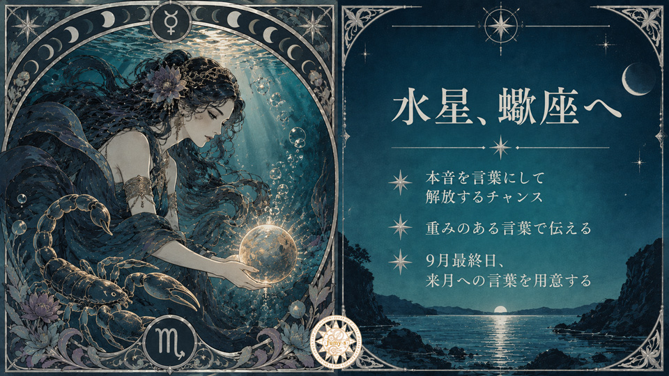 fumy_s's tweet photo. 本日、水星が天秤座を出て、蠍座に入りました。
軽やかさから、少しずつ心の奥深くへと視線が移る季節です。

これまで心の奥にしまってきた本音を、
丁寧にすくい上げて解放するタイミングが近づいています。
「もういいよ」と妥協して流すのではなく、
少し重みのある言葉で、本当に伝えたかったことを届けてみる。

来月へ向けて、自分だけの本音の言葉を用意してみませんか。
