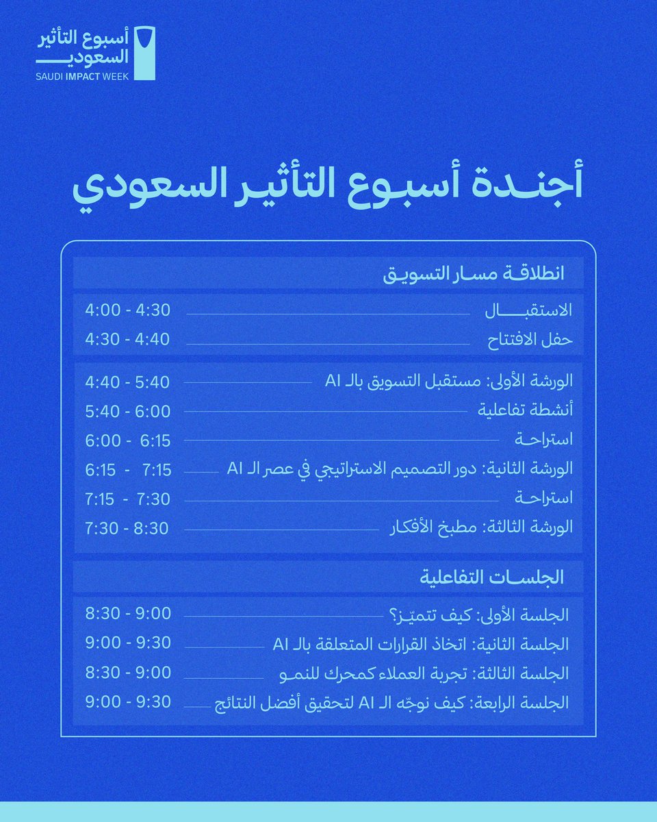 SaudiImpactWeek's tweet photo. إليكم أجندة مسار التسويق في 
#أسبوع_التأثير_السعودي 🇸🇦

يومٌ نلتقي فيه لنخوض تجربة مليئة بالتعلّم والتفاعل نستكشف خلالها آفاق التسويق الحديثة، ونطوّر أفكارنا ونتعرّف على تجارب وخبرات مُلهمة من نُخبـة المتخصِّصين.

نلقاكم اليـوم لنصنع التأثير معًا .. 🤍 https://t.co/XRldBarOAa