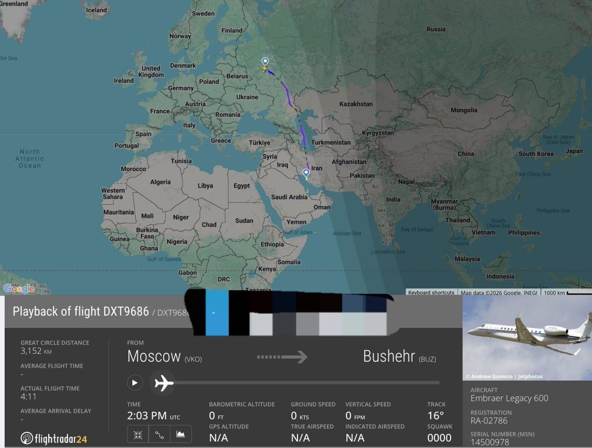siaxares's tweet photo. Russia is bailing out of Iran, like it did 17 days before the 40-day war between Iran and US-Israel.

A Russian private jet just pulled the last remaining Russian technicians out of Bushehr and Asaluyeh. Dexter Air Taxi flight DXT9686 (RA-02786) headed back to Russia.

The rats are leaving the sinking ship. Even Moscow won’t stay.

The occupying Islamic regime in Tehran is being abandoned in real time.

🦁☀️
#KingRezaPahlaviForIran
