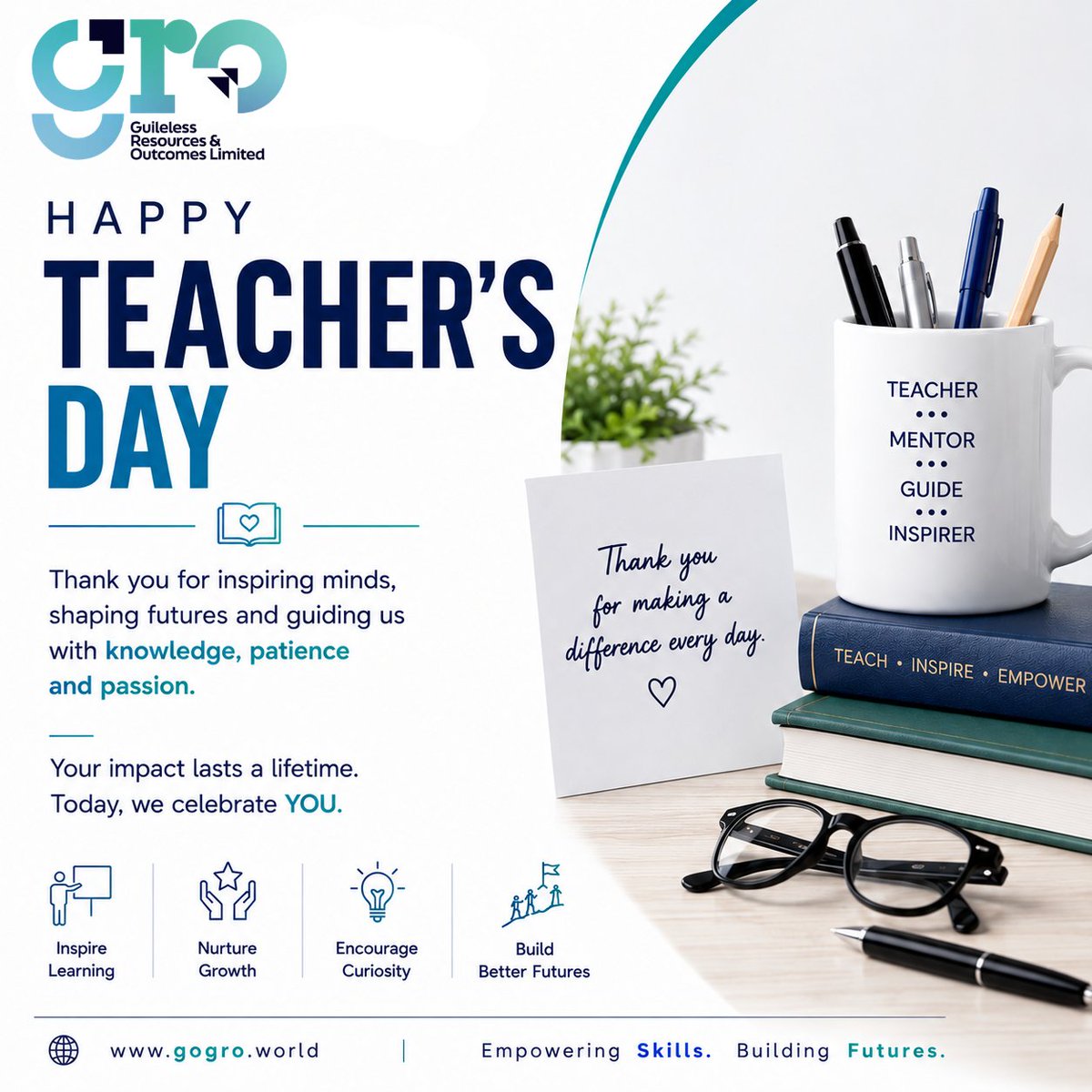 Groeducation's tweet photo. Happy Teacher’s Day!

To every teacher, mentor &amp; guide — thank you for inspiring minds, nurturing growth and building better futures. 

🌟 Your impact lasts a lifetime.

#TeachersDay #HappyTeachersDay #Education #GRO https://t.co/achBgR1Wr5