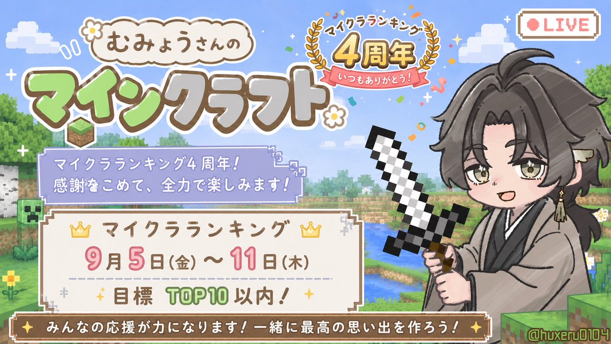 jun8saga's tweet photo. 📢お知らせ✨

本日からマイクラランキング走ります！⛏️🔥

今回はマイクラ配信㊗️4周年ということで、目標は A帯TOP10以内！

1週間と短い期間ですが、
みんな、一緒に盛り上がってくれたら嬉しいです♫

拡散、イイねもよろしくお願いします🙇 https://t.co/hEyCsUualr