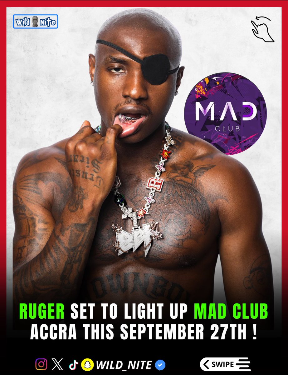 Wild_niteee's tweet photo. 🔥 Ruger is coming to Ghana! 🇳🇬🇬🇭

Nigerian Afrobeats star Ruger is set to bring his energy to MAD Club for a night of live music, dance and unforgettable performances. 🔥🎶

📅 27th September 

⏰ 11:59 PM

🫵🏾 Follow @wild_niteee for more updates
#wildnite #Ruger #MADClub https://t.co/42PwTBZApM