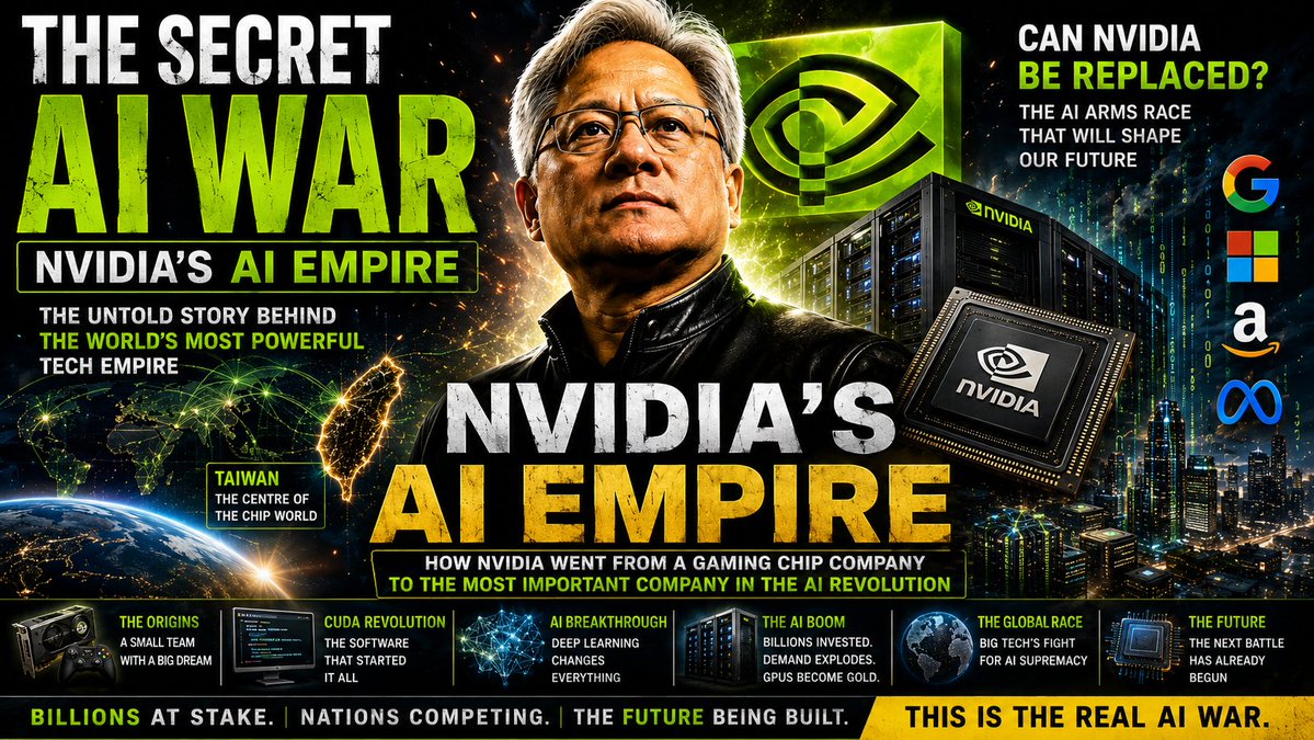 apexCaseStudies's tweet photo. NVIDIA didn’t become an AI giant overnight.

From gaming GPUs → CUDA → deep learning → ChatGPT → massive AI infrastructure…

NVIDIA built an ecosystem that the entire AI revolution now depends on.

But the real question is:

Can NVIDIA actually be replaced?

I explored the hidden story behind the AI hardware war 👇

🎬 Watch the full documentary: [https://t.co/UGRjPssd2R]

#NVIDIA #AI #ArtificialIntelligence #CUDA #AIWar #Tech #JensenHuang