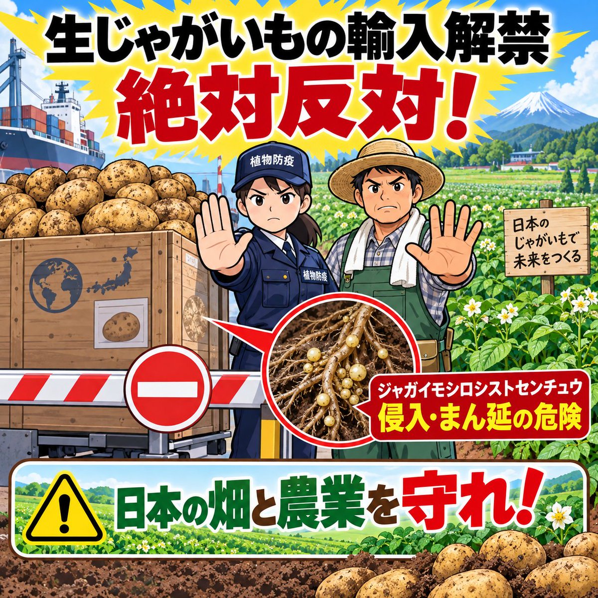 knak75's tweet photo. 「生じゃがいもの輸入解禁」に絶対反対！

ジャガイモシロシストセンチュウが一度侵入・まん延すれば、国内の農地や生産者に長期的な被害をもたらす恐れがあります。

目先の輸入拡大より、日本の農業と食料安全保障を守ることが最優先。取り返しがつかなくなる前に、厳格な植物検疫を貫くべきです。🥔🇯🇵

#食料安全保障 #日本の農業を守れ