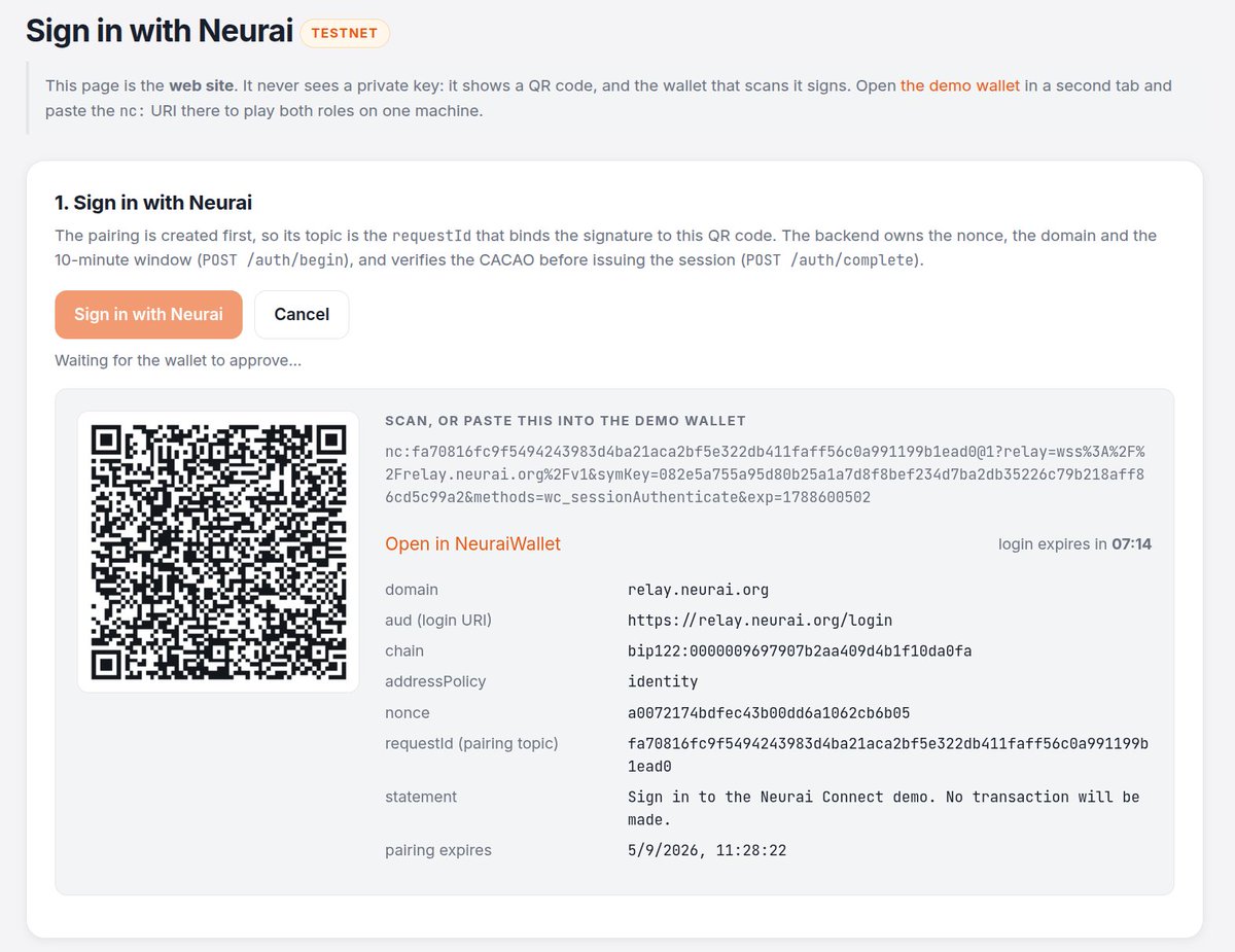 neuraiproject's tweet photo. 🔬 New: Neurai Relay
One of the benefits of having a mobile wallet is the ability to use the camera and interact with it. There is currently a protocol called WalletConnect that allows users to authenticate on websites using a series of QR codes.

We have modified part of the WalletConnect code to create our own system and enable secure interaction from a mobile device with any service that uses this system.

  🔐  Will it work with Neurai's HW?
Yes, it will be fully compatible, and it will be possible to sign transactions on websites by connecting our hardware to a cell phone, and then sending those transactions directly to the hardware from the cell phone and confirming them from there.

  🎯 What other benefits will it offer?
1. In addition to securely signing transactions, it will also allow users to authenticate themselves with Neurai ID on websites using a QR code system.

2. It can also be used with the DePIN service, allowing users to authenticate themselves on a DePIN messaging management website without needing to connect anything to a computer.

3. Another possibility is the use of ESP32 devices with e-ink screens that allow remote access to services via QR codes, since they enable identification without an Internet connection by using the digital signature of the device’s own address.

A system that offers a wide range of possibilities by allowing users to use a smartphone as the central hub for managing the entire ecosystem and adding layers of security when paired with a hardware wallet.

#Neurai #XNA neurai:native #DePIN #AirGap #ESP32