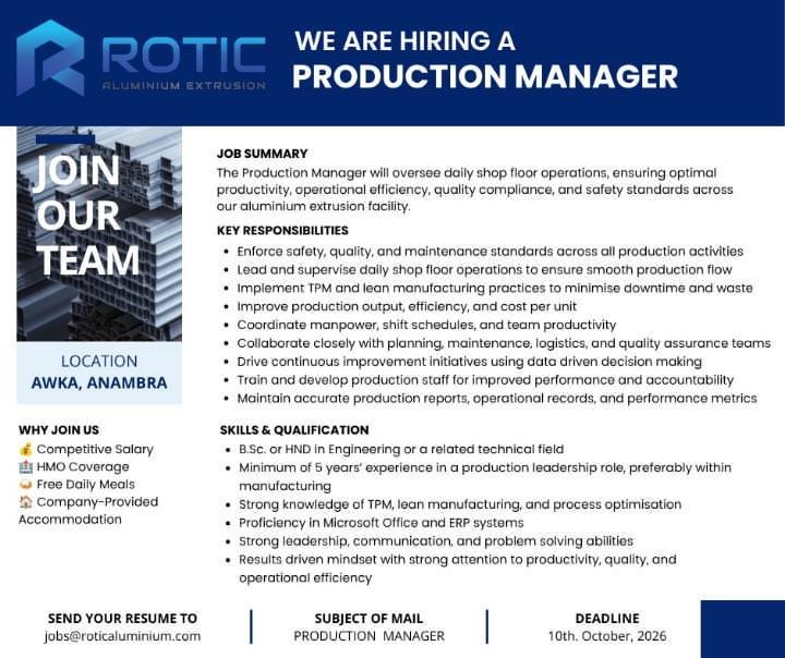 tohire_ng's tweet photo. We're Hiring 🔔 

Production Manager 

Location: Awka, Anambra State (free accommodation + meals provided)

Apply 👇 👇 👇 https://t.co/8NpWHDu7YQ
