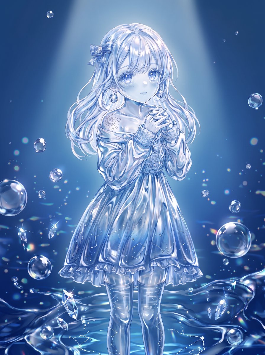 Liz2_no_Home's tweet photo. ”おめでとうって気持ちでいっぱいだよ！”

透明感と、一色って難しいですね・・・
水で作ったお名前は
つきちゃんです。

#TransparentOneColor　#AIイラスト https://t.co/79RSbinSHW