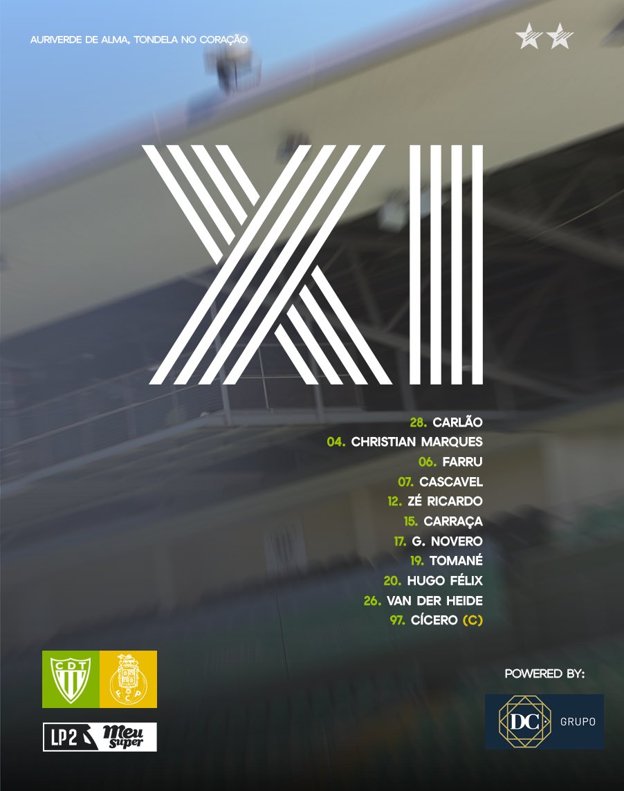 CDTondela1933's tweet photo. 🆇🅸 🅸🅽🅸🅲🅸🅰🅻
💺Os nossos Suplentes
R. Silva, Bebeto, Kamga, João Afonso, Hélder Tavares, João Lima, Richarllyson, Yaya Sithole, Xabi Huarte, Bruno Almeida, Mateus Sarará e Tiago Dias
👤Ricardo Costa
#CDTondela #CDTFCPB #LigaPortugalMeuSuper https://t.co/rh5IIFBEmo