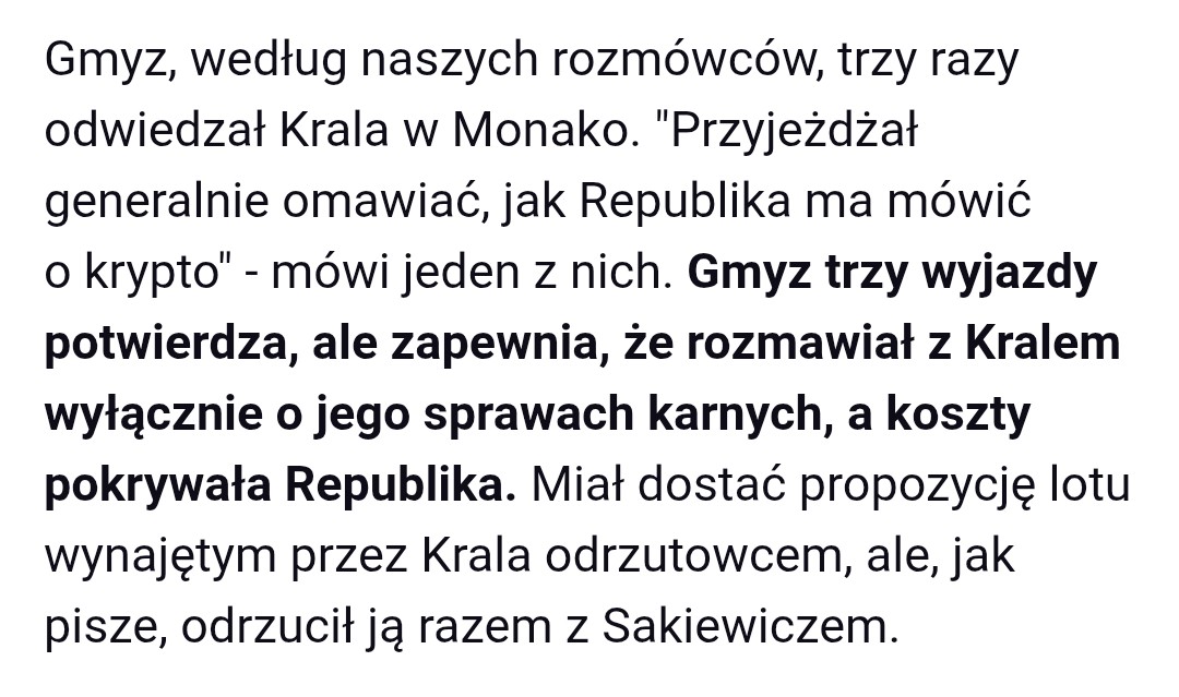 SzJadczak's tweet photo. Na jedną z wycieczek do Monako na spotkanie z szefem powiązanej z mafią giełdy Zondacrypto Cezary Gmyz i Tomasz Sakiewicz mieli polecieć z Maciejem Zaborowskim prywatnym odrzutowcem podstawionym przez Przemysława Krala.
Gmyz i Sakiewicz w ostatniej chwili zrezygnowali i polecieli normalnym lotem, bo uświadomili sobie, że gdyby to wyszło, to pracownicy Republiki, którzy od kilku miesięcy nie dostają wypłat, wywieźli by ich z redakcji na taczkach.

https://t.co/Ba00G0GmH5