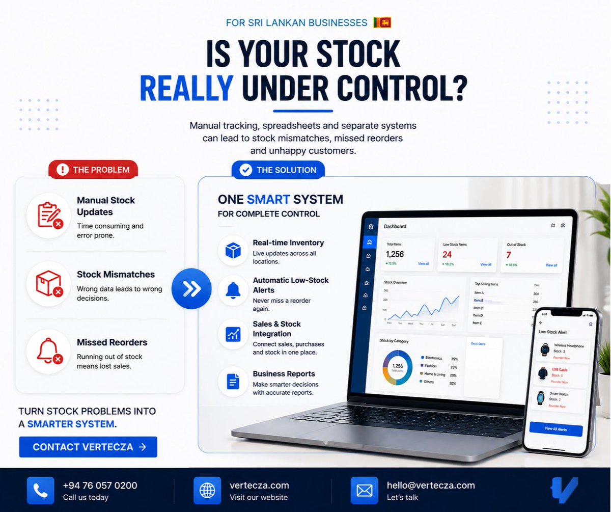 vertecza's tweet photo. 📦 Still tracking stock manually?

Spreadsheets can lead to stock mismatches, missed reorders &amp; lost sales.

Vertecza builds custom inventory systems with real-time tracking, alerts &amp; reports.

🚀 Build smarter: https://t.co/56qWy6Op4X

#Vertecza #SriLankaBusiness https://t.co/4vFrqdLcqe