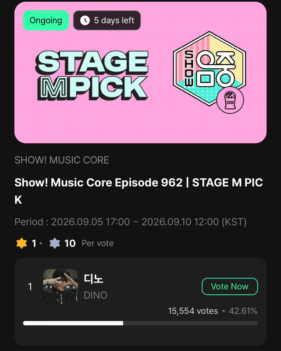 allfor17voting's tweet photo. [𝗠𝗨𝗡𝗜𝗩𝗘𝗥𝗦𝗘 - 𝗠𝗨𝗦𝗜𝗖 𝗖𝗢𝗥𝗘 𝗦𝗧𝗔𝗚𝗘 𝗠 𝗣𝗜𝗖𝗞]

Vote for DINO ‘디노’! 

Don’t get comfortable with the current gap. Use all your accounts and keep the votes coming! Let’s widen the lead! 🆘

🗓️: ~ 09.10, Thursday, 12 PM KST
🗳️: 10 votes per account per day
🗳️: 10 free lumy (silver) = 1 vote 
🎯: TOP 1
🏆: Stage M PICK Trophy 
🔗:  https://t.co/L99kY8TQrj
📌: No collection needed (Just do the attendance!)

How to Vote:
1. Go to Muniverse app 
2. Sign up / login (google, facebook, kakao, line, naver, X)
3. Check in attendance to get 100 free lumy (silver)
4. Cast 10 votes for V8 per account/day

#피철인 #Picheolin #DINO #디노 #吉BOARD #길보드 #SEVENTEEN #세븐틴 @pledis_17