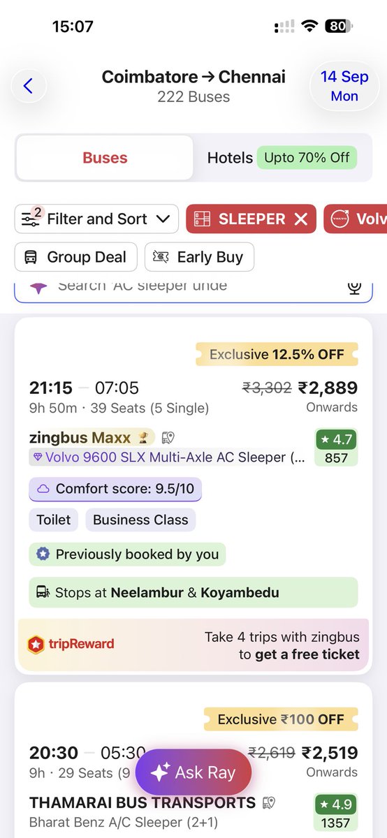 Vet_George88's tweet photo. What kind of bus operations is this @redBus_in 
Coimbatore - Hyderabad Volvo 9600 is cheaper than Cbe - Chennai Volvo &amp; even Bharath Benz 

This is atrocious @zingbus &amp; others https://t.co/Ulovp4CN1G
