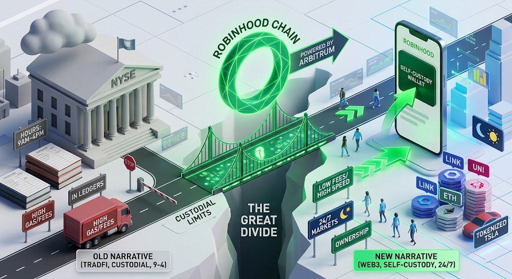 GETH_BTC's tweet photo. The @RobinhoodApp  Chain is designed to bridge the gap between traditional finance (TradFi) and the decentralized web (Web3), fundamentally altering the crypto narrative from speculative trading to real-world utility and accessibility. This is visualized in the illustration below.