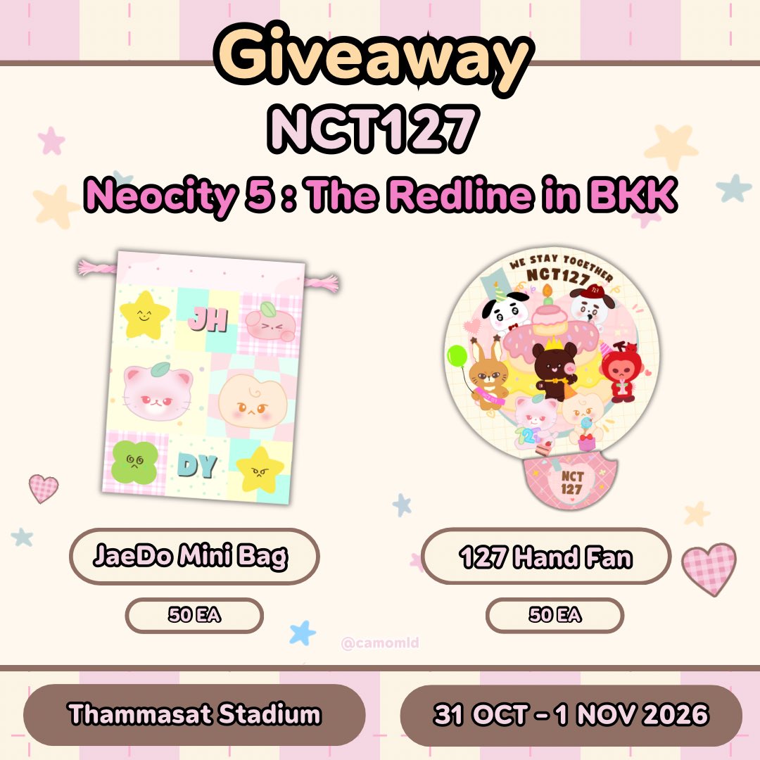 camomld's tweet photo. ୨⎯ pls kindly rt ⎯୧

give away nct127 redline in bkk ✨
✿ nct127 hand fan — 50 ea

special for jaedo shipper 🍑🐰
✿ jaedo mini bag — 50 ea

— rt &amp; show this tw 

ღ time : tba 
ღ location : thammasat stadium
ღ date : 31 oct - 1 nov 2026

#NCT127_5TH_NEOCITY_BANGKOK_THE_REDLINE https://t.co/hITV76szb4