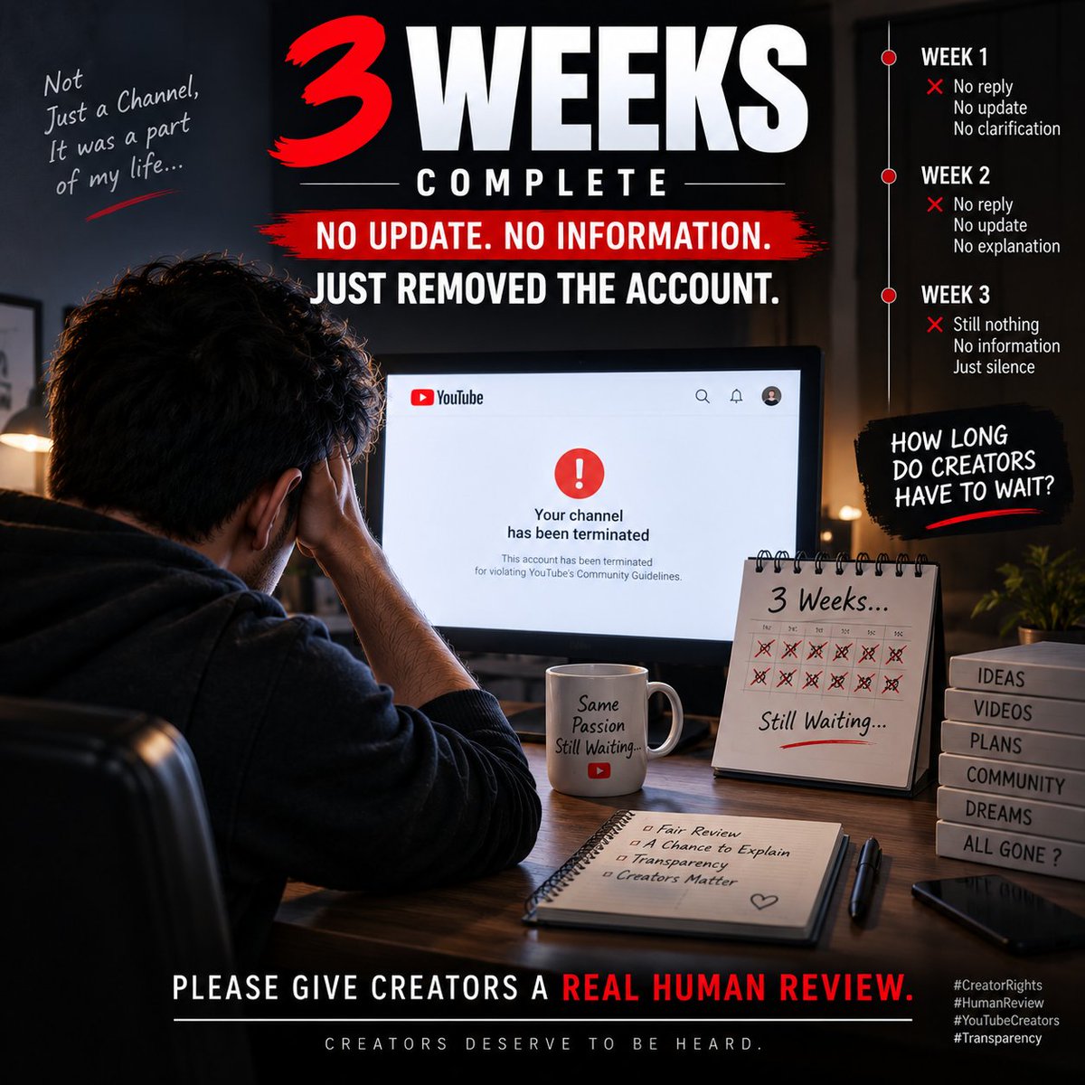 YTJP_creators1's tweet photo. 3 weeks complete. No update. No information. No meaningful response. Just a terminated channel and silence. Creators deserve answers, transparency, and a fair human review. @TeamYouTube, please listen. ✊

#CreatorRights #HumanReview https://t.co/DadTokV97k