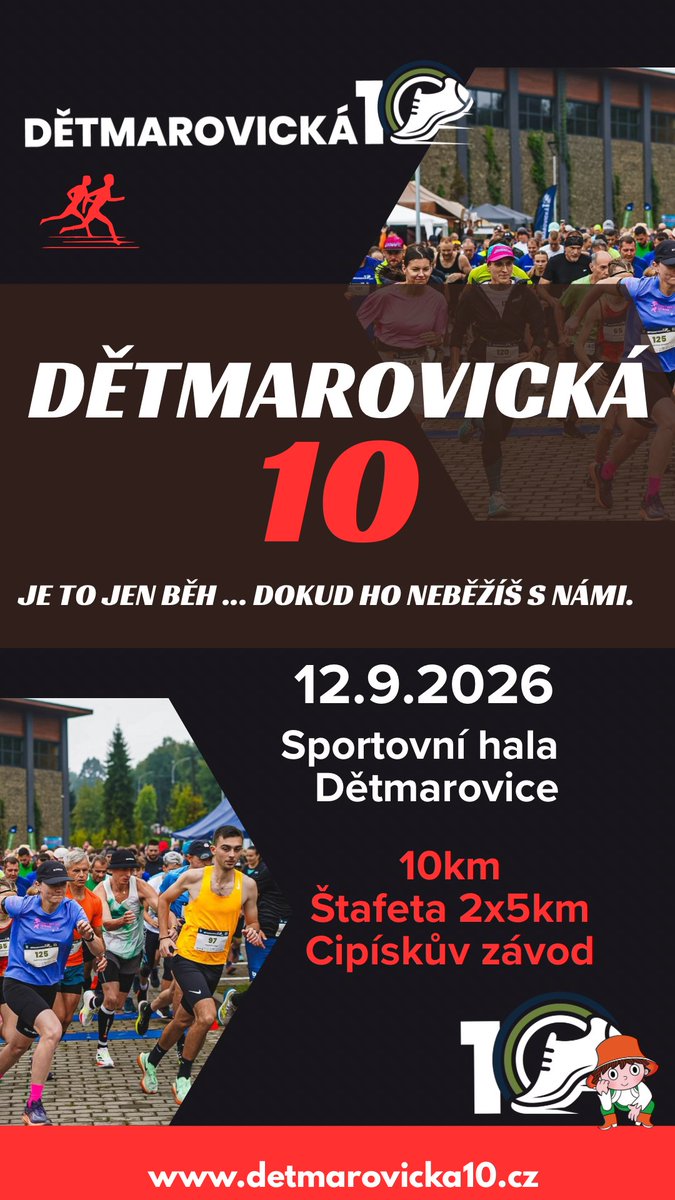 eOrlovaCZ's tweet photo. 🏃 Dětmarovická desítka se blíží! Postavíte se na start?

V sobotu 12. září se uskuteční již 4. ročník oblíbeného běžeckého závodu Dětmarovická desítka. Desetikilometrová trasa povede katastrem obce převážně po asfaltových komunikacích, ale také po polních a lesních cestách.

Na své si přijdou jednotlivci, dvojice i nejmladší sportovci:

👟 hlavní závod na 10 kilometrů,
👟 štafeta 2 × 5 kilometrů,
👟 dětské běhy – Cipískův závod.

První tři muži a první tři ženy v hlavním závodě získají ocenění. Všichni účastníci se navíc mohou zapojit do tomboly o zajímavé ceny.

Dětmarovická desítka je letos také součástí seriálu Letní H10 běžecký pohár karvinského revíru 2026.

📅 Sobota 12. září 2026
📍 Sportovní hala Dětmarovice
🌐 Více informací a registrace: https://t.co/GveexpBKQ9

Zpravodajský portál eOrlová je i letos hrdým mediálním partnerem závodu. Těšíme se na vás na startu i podél trati! 💪

#Dětmarovická10 #BornToRun #Běhám #Běh #Karvinsko