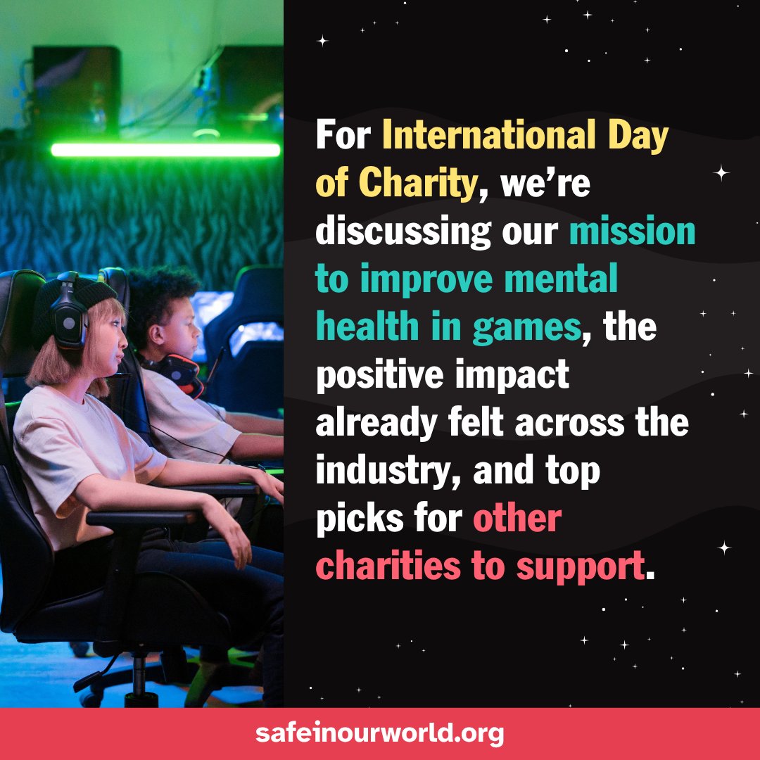 SafeInOurWorld's tweet photo. For #InternationalDayOfCharity, we're discussing our mission to improve mental health in games and our top picks for other charities to support. 💚

https://t.co/PF0hBxAEwO https://t.co/SDh7EQVygZ