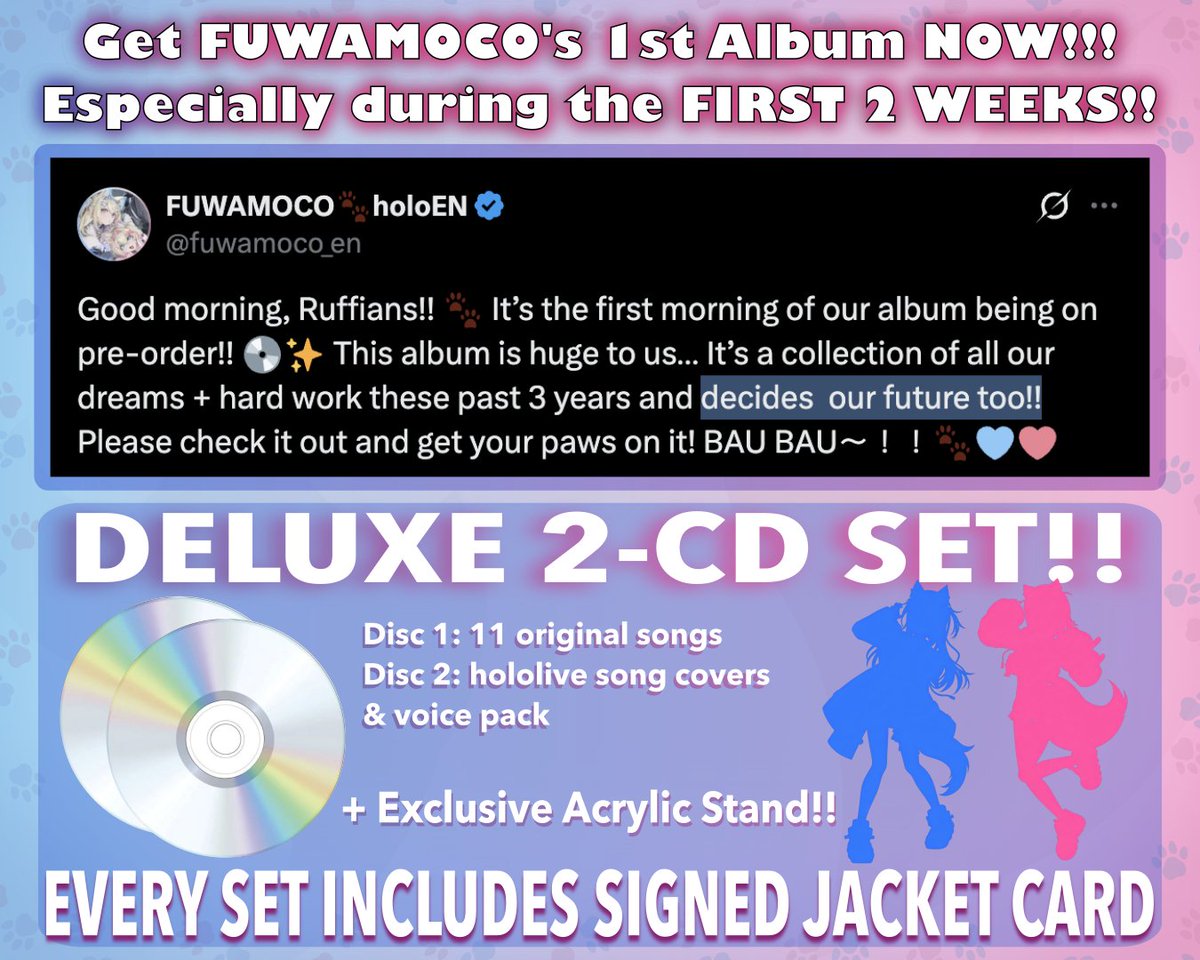 wgeneral_eric's tweet photo. If there is only ONE #FUWAMOCO item you can afford to buy this year, MAKE IT THEIR 1st ALBUM ‼️ 🐾🩵🩷💿

This album is the culmination of their dreams + hard work over the past 3 years, and in their own words, it decides their future. They also specifically emphasized how important these FIRST 2 WEEKS are.

This is the single biggest opportunity we’ve had yet to send the clearest possible message:

✨ WE WANT MORE FUWAMOCO ✨
More original music.
More ambitious projects.
Bigger opportunities.
Bigger stages.

And this is no ordinary album. It’s essentially their anniversary-scale release: a deluxe 2-CD set packed with new music + surprises, exclusive goods, a signed jacket card in every set, and album art by Watanabe Akio.

This isn’t just another merch drop.
This is FUWAMOCO’s FIRST ALBUM. Their dreams. Their music. Their future.

NOW is the moment to support them! 🙌

⬇️ Pre-order link in replies ⬇️