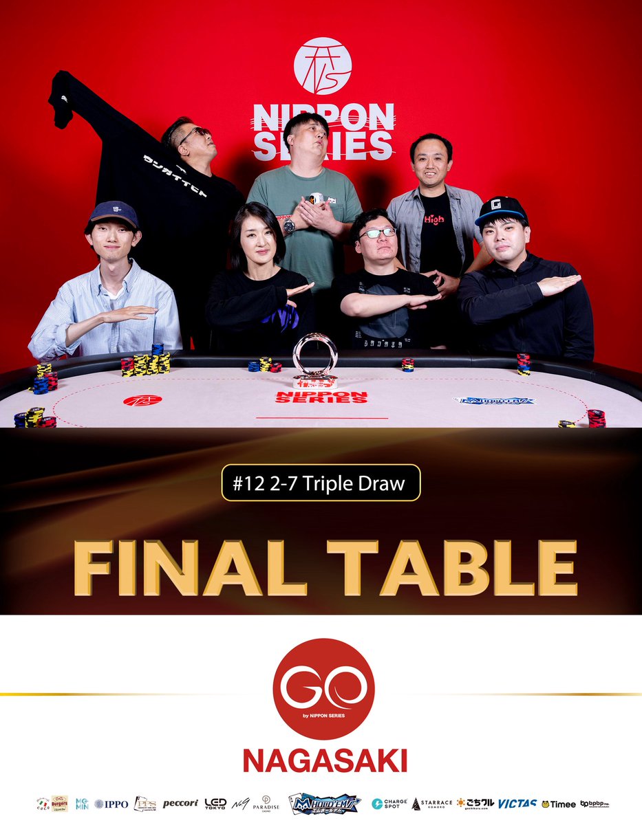_NIPPON_SERIES's tweet photo. 【#12 2-7 Triple Draw】
FINAL TABLEになりました。

1. ARA
2. YAMA
3. シマ
4. 石田有里
5. SHALU
6. SHINYA
7. うーじー https://t.co/lQs2XWzVfx