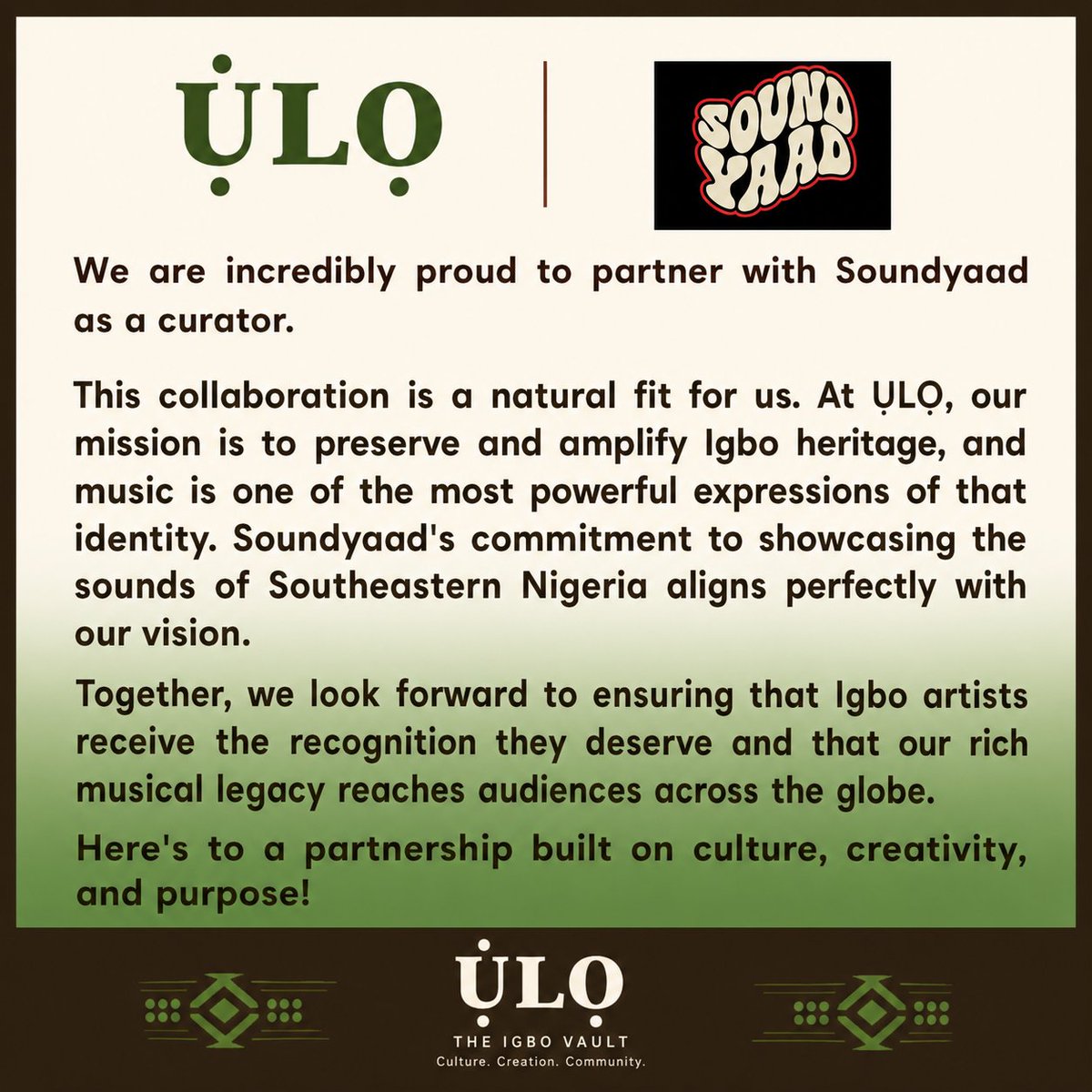 Uloigbovault's tweet photo. We are glad to partner with @soundyaad 🤗🤗

This  is a direct-to-fan platform built to help artists own their audience, grow their fanbase and build sustainable careers.

Join Soundyaad through ỤLỌ: https://t.co/WcQC5mv8oF

#Soundyaad https://t.co/fCgjxmnSCZ
