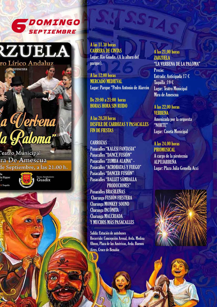 Aytodeguadix's tweet photo. Actividades programadas para este domingo 6 de septiembre de la Feria y Fiestas de Guadix 2026.
AVISO: La actividad del deslizador acuático previsto a las 12:00 horas en la calle Ancha se suspende https://t.co/DeMAHIRKHv