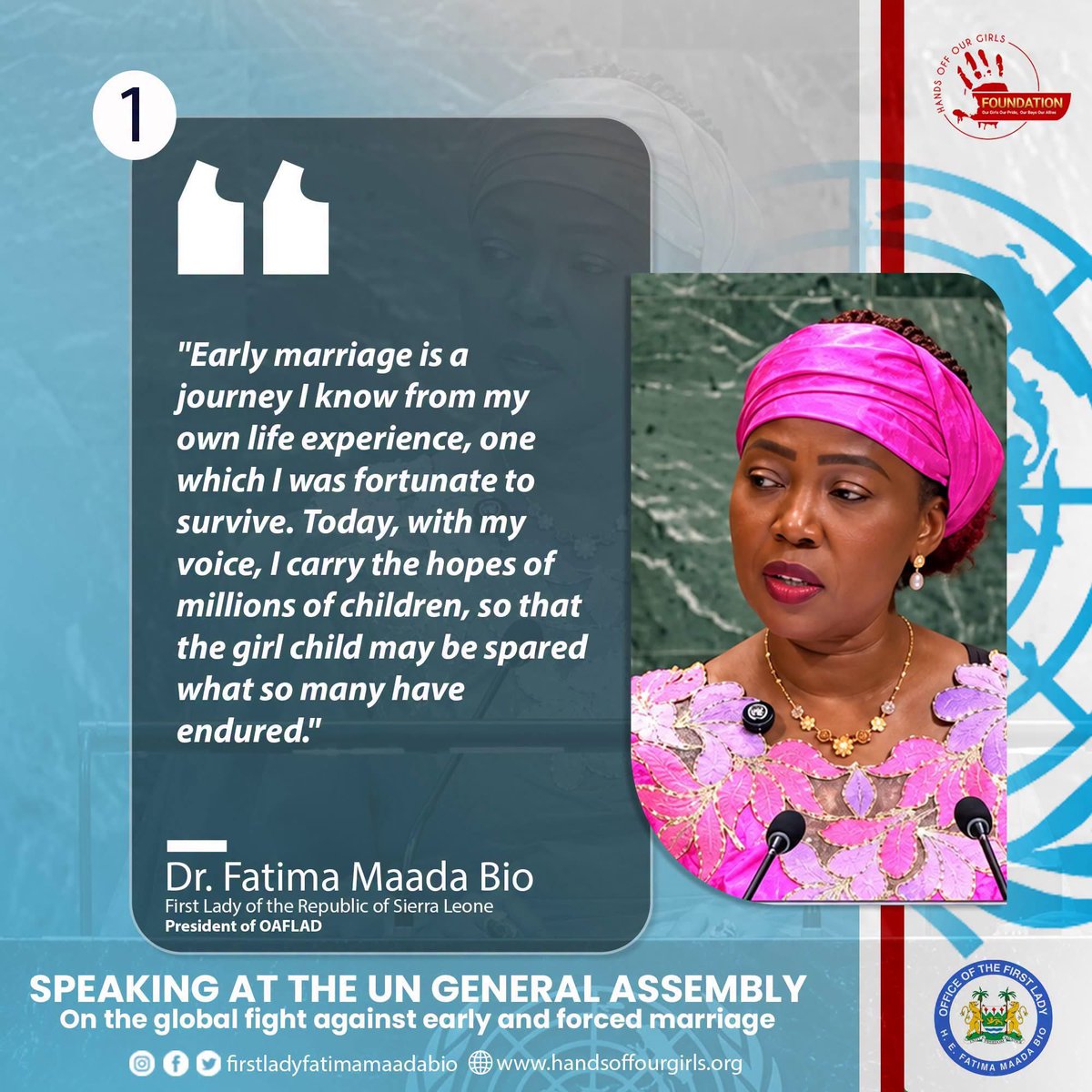 FirstLadyBio's tweet photo. Excerpts from my speech at the United Nations General Assembly on Resolution A/80/L.99, entitled “International Day for the Elimination of Child, Early and Forced Marriage.”

FMB https://t.co/ucVGkJ0dTS