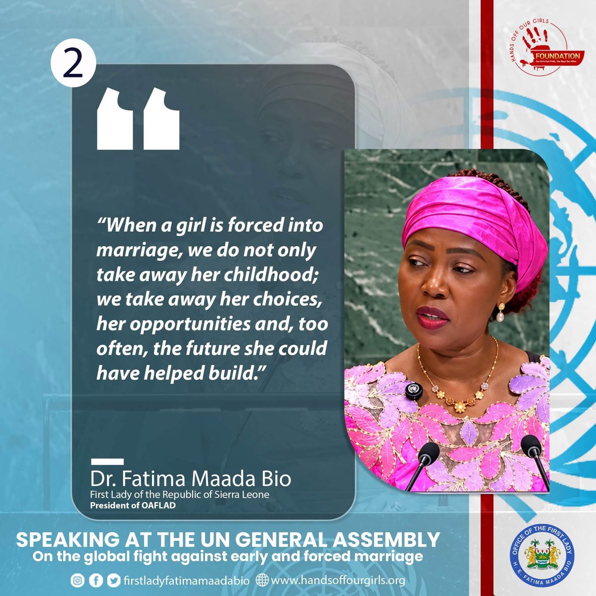 FirstLadyBio's tweet photo. Excerpts from my speech at the United Nations General Assembly on Resolution A/80/L.99, entitled “International Day for the Elimination of Child, Early and Forced Marriage.”

FMB https://t.co/ucVGkJ0dTS