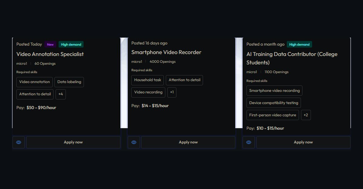 RemoteJobsGuy's tweet photo. 🚨 Get paid up to $90/hr to train AI models. Fully remote

Video Annotation Specialist — $50–$90/hr
Smartphone Video Recorder — $14–$15/hr
AI Training Data Contributor (college students) — $10–$15/hr