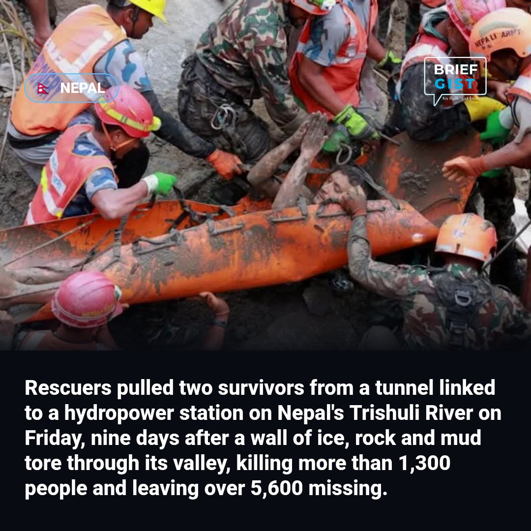 BriefGist's tweet photo. Nine days after disaster, two pulled alive from Nepal hydropower tunnel https://t.co/MxALwoHZ6K