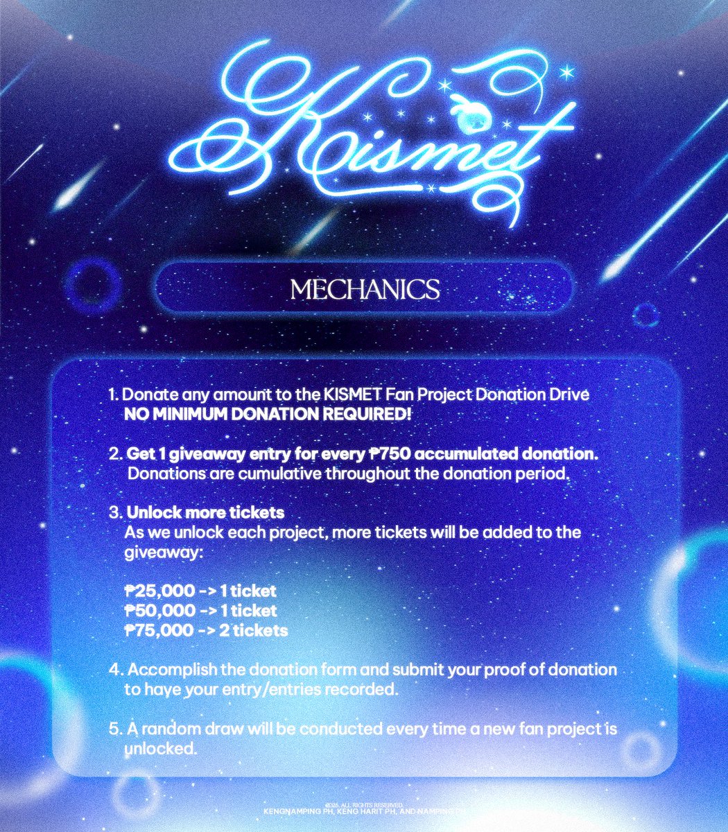 kengnampingphil's tweet photo. 🎄✨ Here’s a maagang pamasko from KengNamping Philippines! 🦆🐰🤍

Good news, OHOHs! We’re finally able to share with you the approved fan projects for the KengNamping Fanmeet in Manila! 🎉

With that, we are adjusting our donation goal from ₱150,000 to ₱100,000 to align with the projects we’ll be carrying out. 🤍

And there’s more! We’re happy to announce that we’ll be giving away ZONE A tickets from our generous sponsor to our donors every time we unlock a fan project! 🎟️

🎟️ HOW THE GIVEAWAY WORKS

1. DONATE ANY AMOUNT
There is NO MINIMUM DONATION REQUIRED. Every amount is welcome and appreciated! 🤍

2. EARN GIVEAWAY ENTRIES 
For every ₱750 in cumulative donations, you earn 1 giveaway entry for a chance to win a ZONE A ticket.

✨ Previous donors are also eligible! All donations made during the donation period will be counted toward your cumulative total.

For example: 
₱500 + ₱250 = ₱750 → 1 entry 
₱1,500 total → 2 entries

3. DON’T FORGET TO REGISTER! 
Please fill out the donation form and submit your proof of donation so we can record your entries.

🎯 TICKETS UNLOCKED
₱25,000 → 1 ZONE A ticket 
₱50,000 → 1 ZONE A ticket 
₱75,000 → 2 ZONE A tickets

That’s a total of 4 ZONE A tickets to be given away! 🎟️🎟️🎟️🎟️

And if we reach at least 80% of our ₱100,000 goal, there may be more surprises waiting for you! 👀✨

🌏 International fans are also welcome to join the giveaway!

Thank you for helping us make these projects possible and for making this fanmeet extra special for KengNamping! 🦆🐰🤍

Full details are in the photos below! 

📋 Donate here: https://t.co/OH2ynqnGCI
📊 Real-Time Transparency Report: https://t.co/LxoWoZumQ7

#KengNampingFMinManila
#KengNamping #เก่งน้ำปิง
