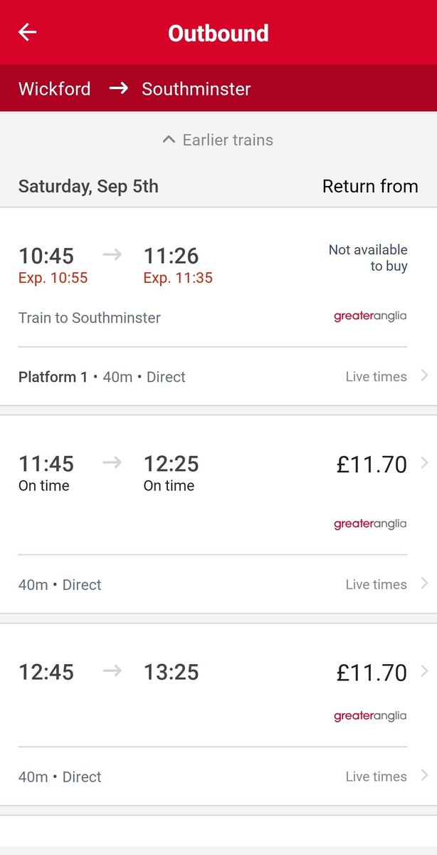maydayparker888's tweet photo. @greateranglia Thanks but the app says 45 mins, could you clarify please https://t.co/pT0QbNyW8f