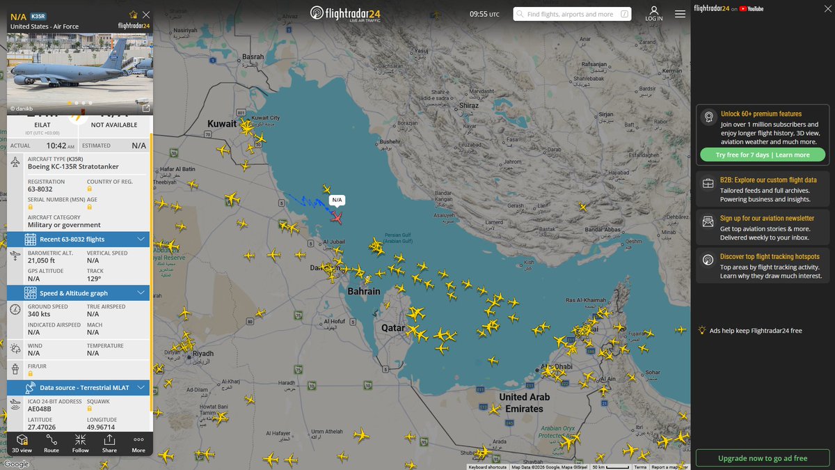 AIYeyENGDdJkjTr's tweet photo. Sept. 5, 2026
#Ben Gurion ==> #Persian Gulf
#NoCALLSIGN #AE0369 USAF KC-135R Stratotanker
#Ben Gurion ==> #Musandam Peninsula
#NoCALLSIGN #AE05A9 USAF KC-135R Stratotanker
#Ben Gurion ==>
#NoCALLSIGN #AE048B USAF KC-135R Stratotanker https://t.co/kaiQsvwgwc