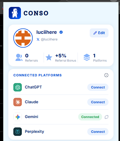 luciihere's tweet photo. Installed the @conso_xyz extension to consolidate fragmented digital identity. Social, gaming, and on-chain signals parse into a unified Consumer Passport via Info-Fi mechanics. Verifiable data structuring bypasses synthetic noise for direct data monetization.

comment "referral" https://t.co/UtxDh7JnfF