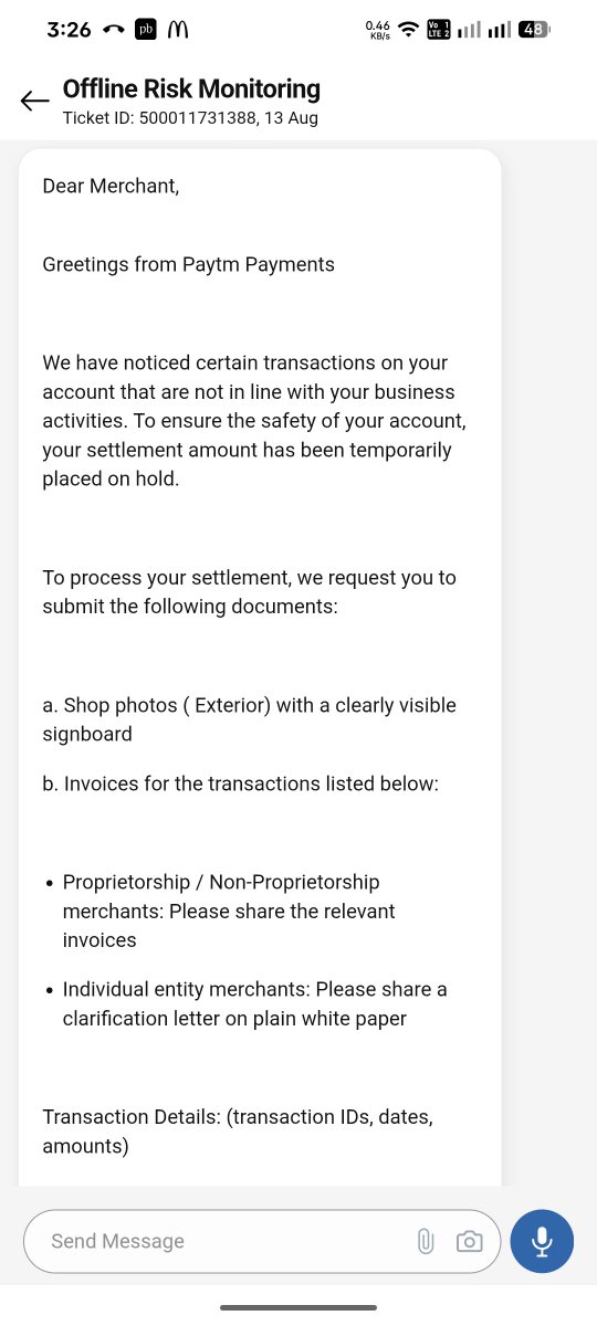 Reo_boy450's tweet photo. Dear @PaytmBusiness after submitting required documents still no resolution and I want to talk with real agent but always whenever I called there is AI or computer call no real agent available this is total scam or fraud activity after holding amount of 50000/- ticket id attached https://t.co/HP9OnkxBXk