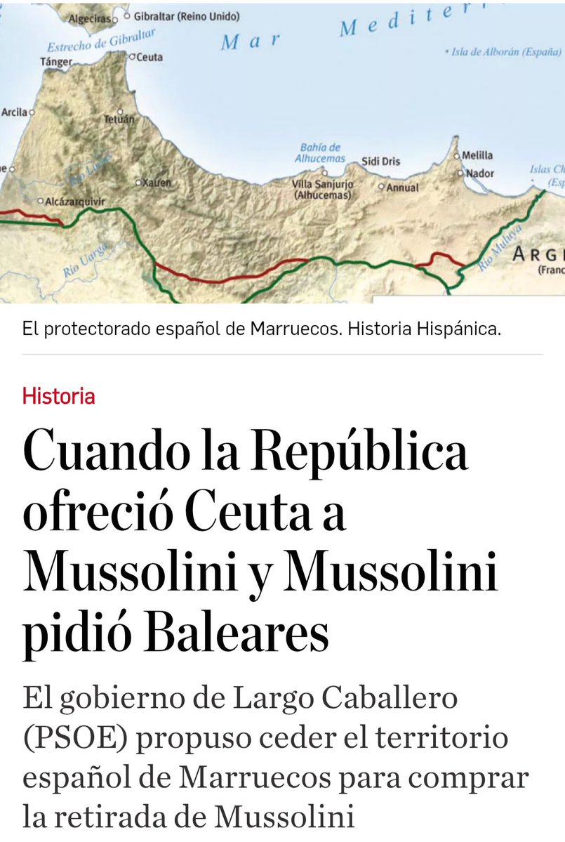 QFueso's tweet photo. La idea de desprenderse de Ceuta, el PSOE ya lo viene intentando desde hace muchos años. 
Largo Caballero en el 36 se lo ofreció Mussolini para que no apoyaran a Franco.
Lo malo es que Mussolini les pidió Las Baleares. 

Memoria histórica que hay que conocer. https://t.co/TkI9gaTf9R