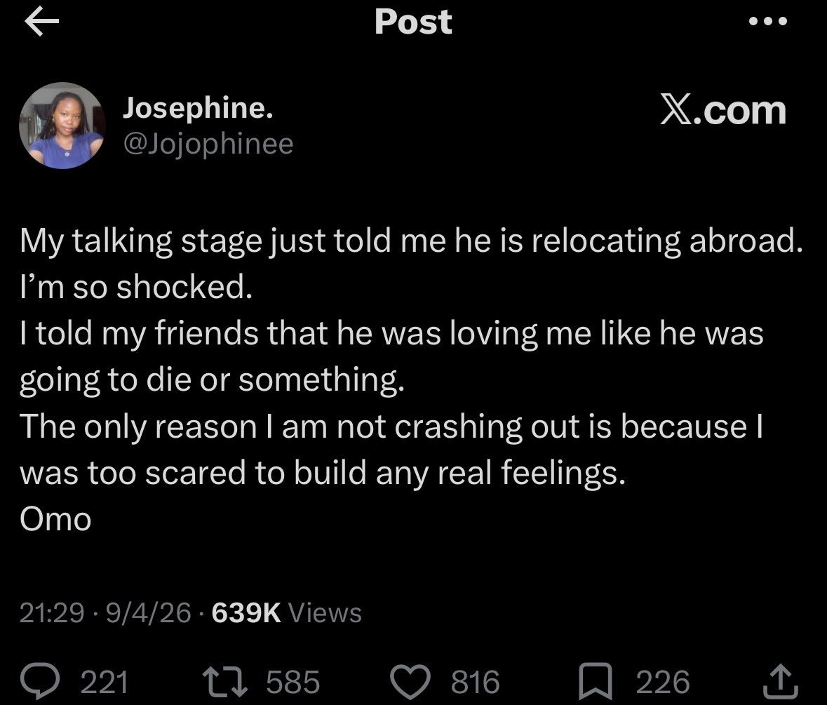 UnkleAyo's tweet photo. Talking stage babe has deleted all those tweets. Not the responses she was expecting. 

You people will be playing useless mind games when it comes to love. You're either in or out. Why you dey Joe Abah?

You wan whine am, e move accordingly  - you enter Twitter dey crash out. https://t.co/8NbJdVpY2H