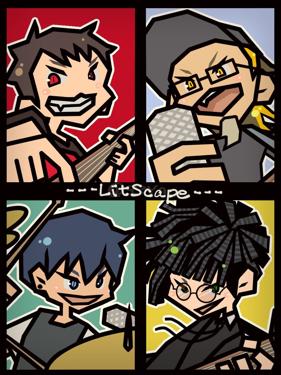 33YA_'s tweet photo. LitScape(@litscape_info)メンバーさんと、ドラムのすすむくん(@Sun_drums)＆わんこのおはぎへの応援イラスト描いたぞ
今月16日には新しいミニアルバム出すみたいだぞツアーもはじまるぞ！　
応援してるぞがんばれ～！

https://t.co/SPX5CHimGC https://t.co/Kev2rmx8iX