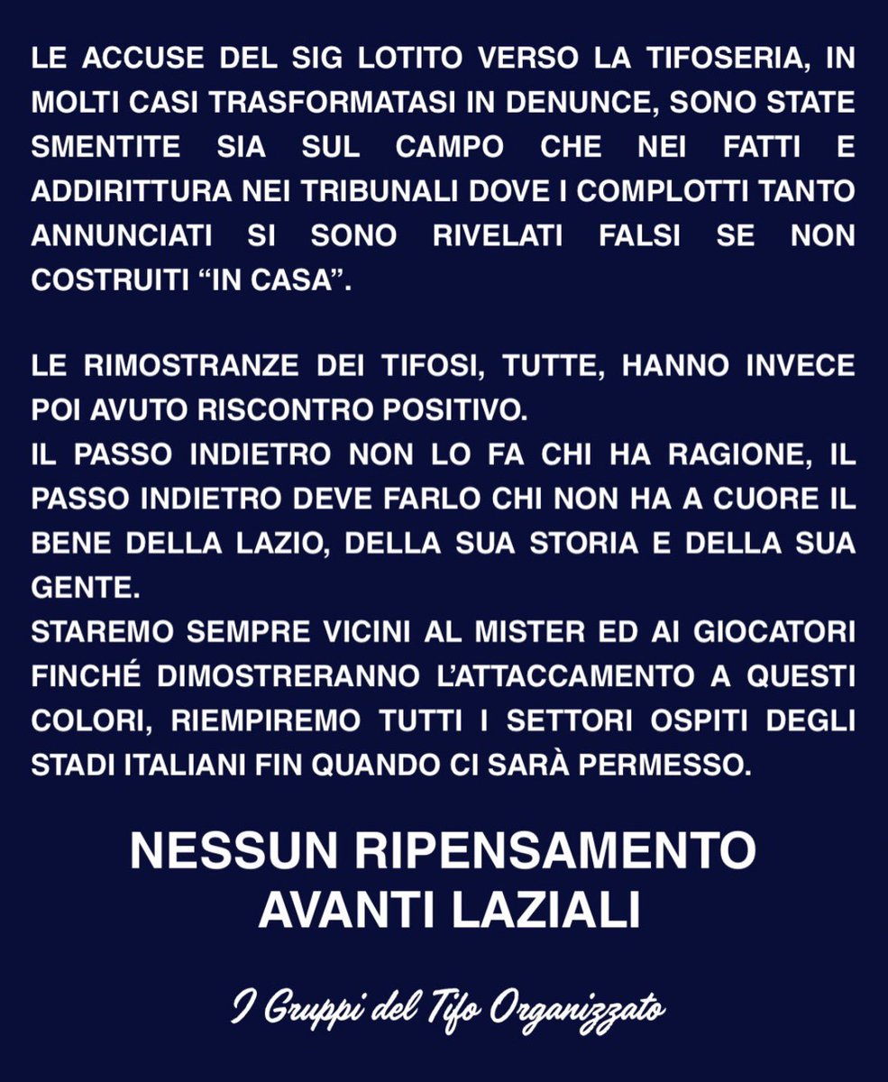 AllRoundLazio's tweet photo. Il comunicato del tifo organizzato dopo le dichiarazioni di #Fabiani. https://t.co/SrOIuWBdlx