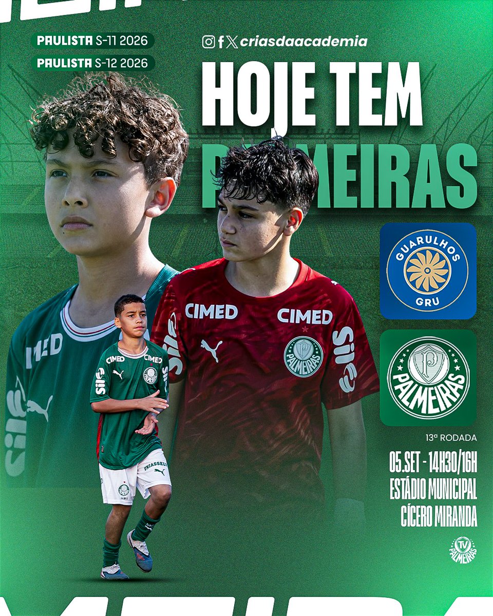 CriasDaAcademia's tweet photo. PALMEIRAS EM RODADA DUPLA! 👊
⚽ Guarulhos x Palmeiras
🏆 Campeonato Paulista Sub-11 e Sub-12 | 13ª rodada - 1ª fase
🏟 Estádio Municipal Cícero Miranda
⏰ S11 - 14h30 | S12 - 16h
#AvantiPalestra #GUAxPAL
#CriasDaAcademia https://t.co/UdilAWW3AR
