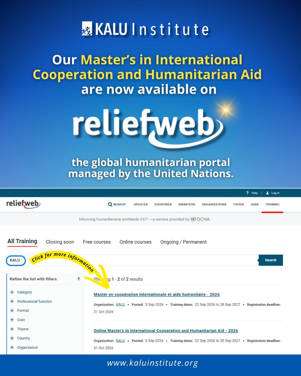 HASCKALU's tweet photo. Our #Master’s in #InternationalCooperation and #HumanitarianAid is now listed on #ReliefWeb.
For more information, visit: https://t.co/yrJEz0u8g1
#kaluinstitute https://t.co/adzcgKhugP
