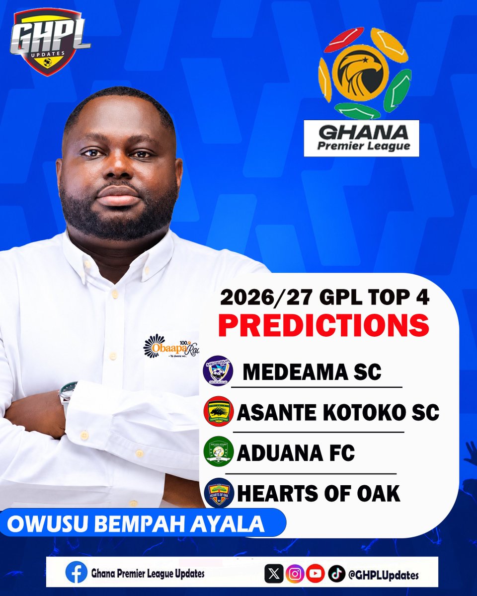 GHPLUpdates's tweet photo. @Akwasi_Ayala  has made his 2026/27 GPL
Top 4 predictions!
His picks:

Medeama SC
Asante Kotoko 
Aduana Stars 
Hearts of Oak
Do you agree with Ayala’s Top 4? https://t.co/1QOebXZOAE