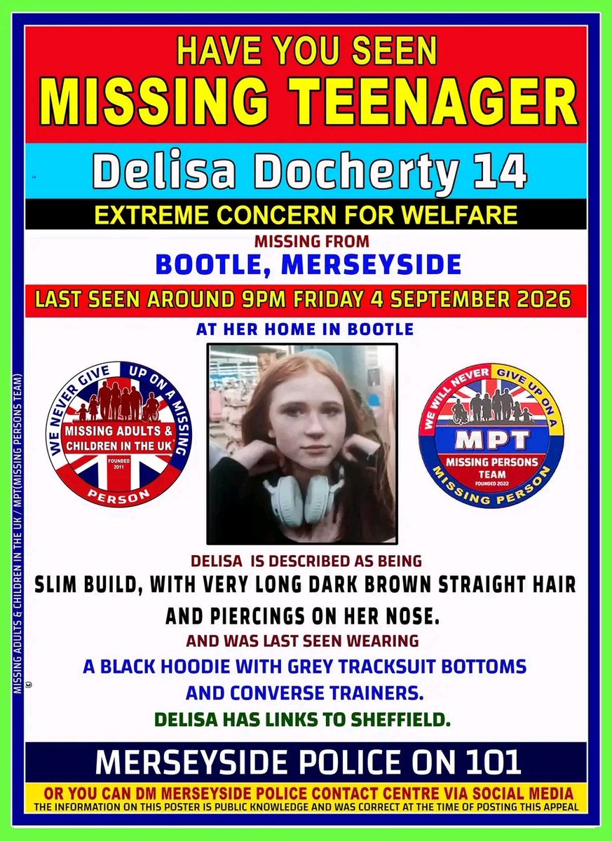 FreyjaBakke's tweet photo. Delisa Docherty 14
BOOTLE, MERSEYSIDE.
LAST SEEN AROUND 9PM FRIDAY 4 SEPTEMBER 2026. https://t.co/nkRA9m1S0E
