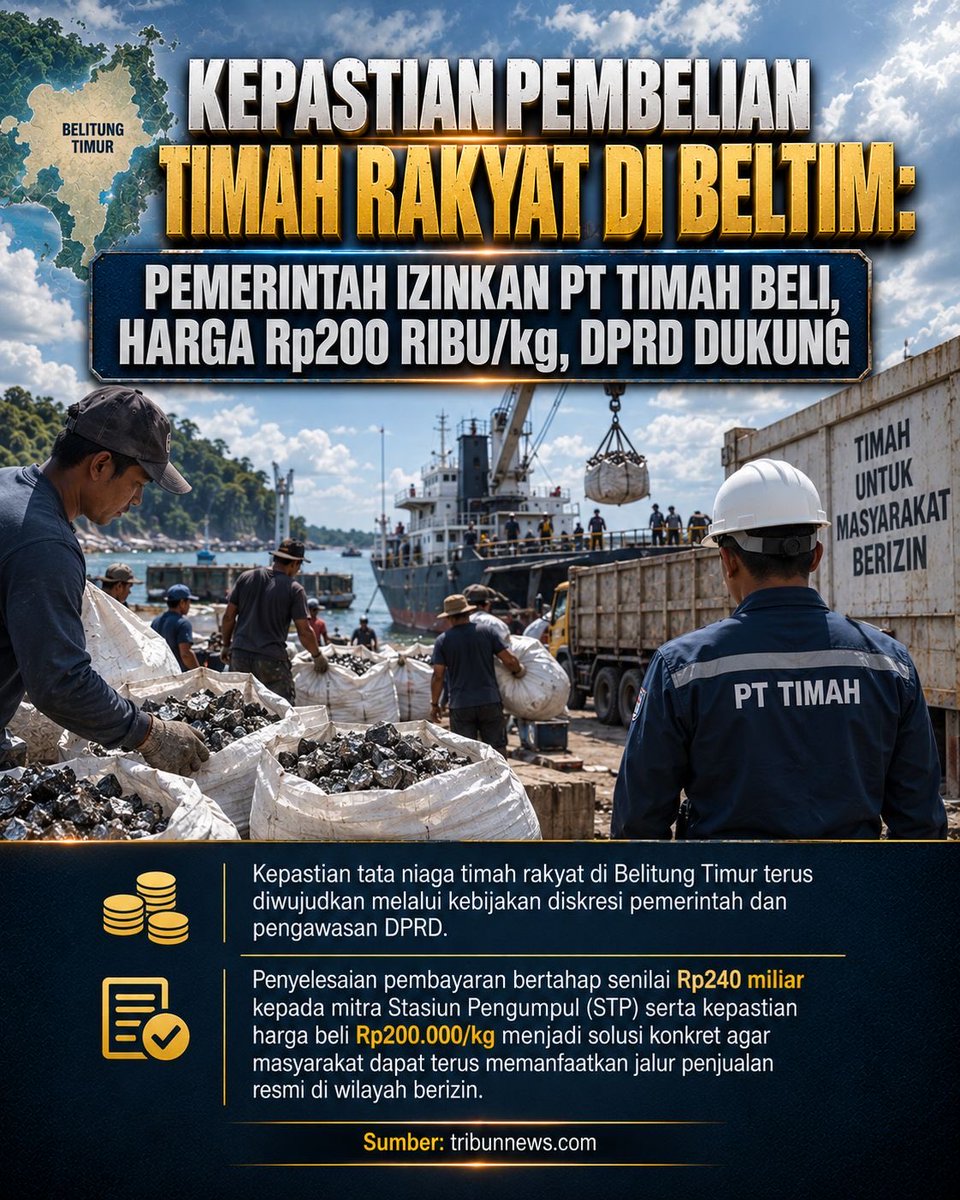 nfelaaa's tweet photo. Kepastian penyerapan timah rakyat penting bagi ekonomi masyarakat Belitung Timur. Harga, mekanisme penjualan, dan legalitas perlu berjalan transparan agar aktivitas pertambangan masyarakat tetap tertib. #bangkabelitung #timah https://t.co/KkwbvIFhNq